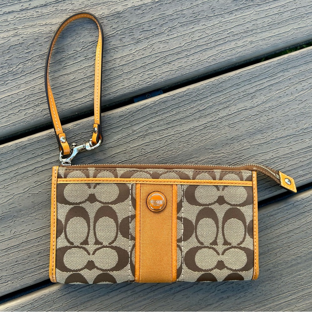Coach Signature Orange and Tan Wristlet